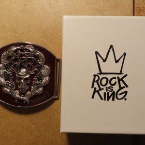 Rock Is King/Rock & Republic Belt Buckle; Skull; Silver & Red; NEW